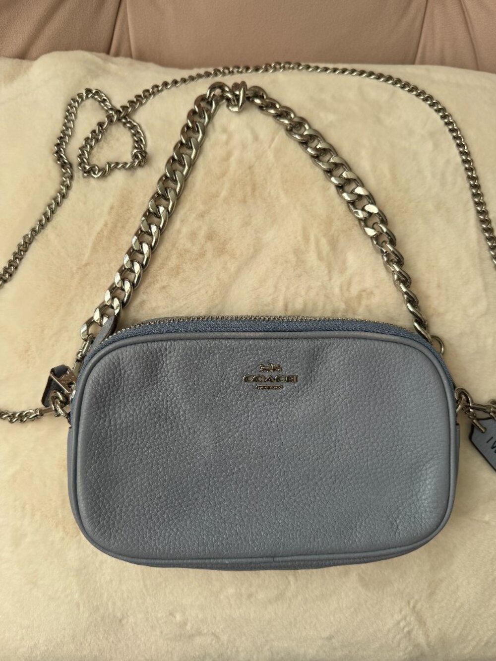 Coach Pebble Leather Double Zip Chain Crossbody Bag Pouch Blue Gray